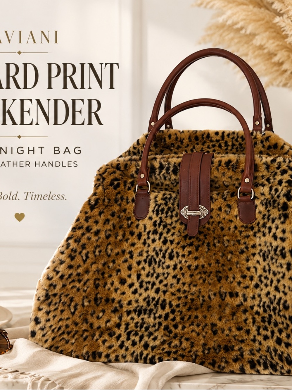 Raviani Leopard Print Faux Fur Overnight Weekender with Leather handles